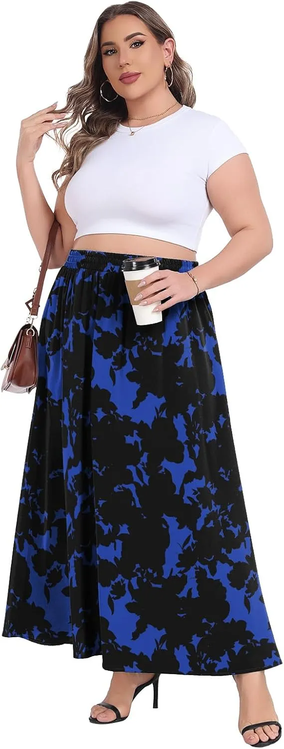 Lastshe Plus Size Maxi Skirts for Women Casual Elastic High Waisted Hide Drawstring Flowy A-line Long Skirt with Pockets