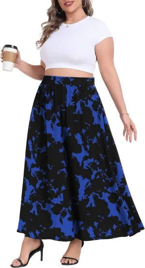 Lastshe Plus Size Maxi Skirts for Women Casual Elastic High Waisted Hide Drawstring Flowy A-line Long Skirt with Pockets