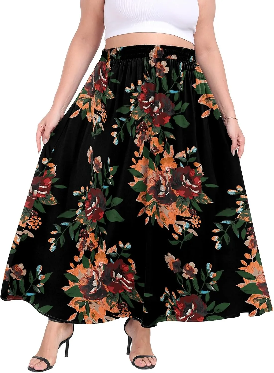 Lastshe Plus Size Maxi Skirts for Women Casual Elastic High Waisted Hide Drawstring Flowy A-line Long Skirt with Pockets