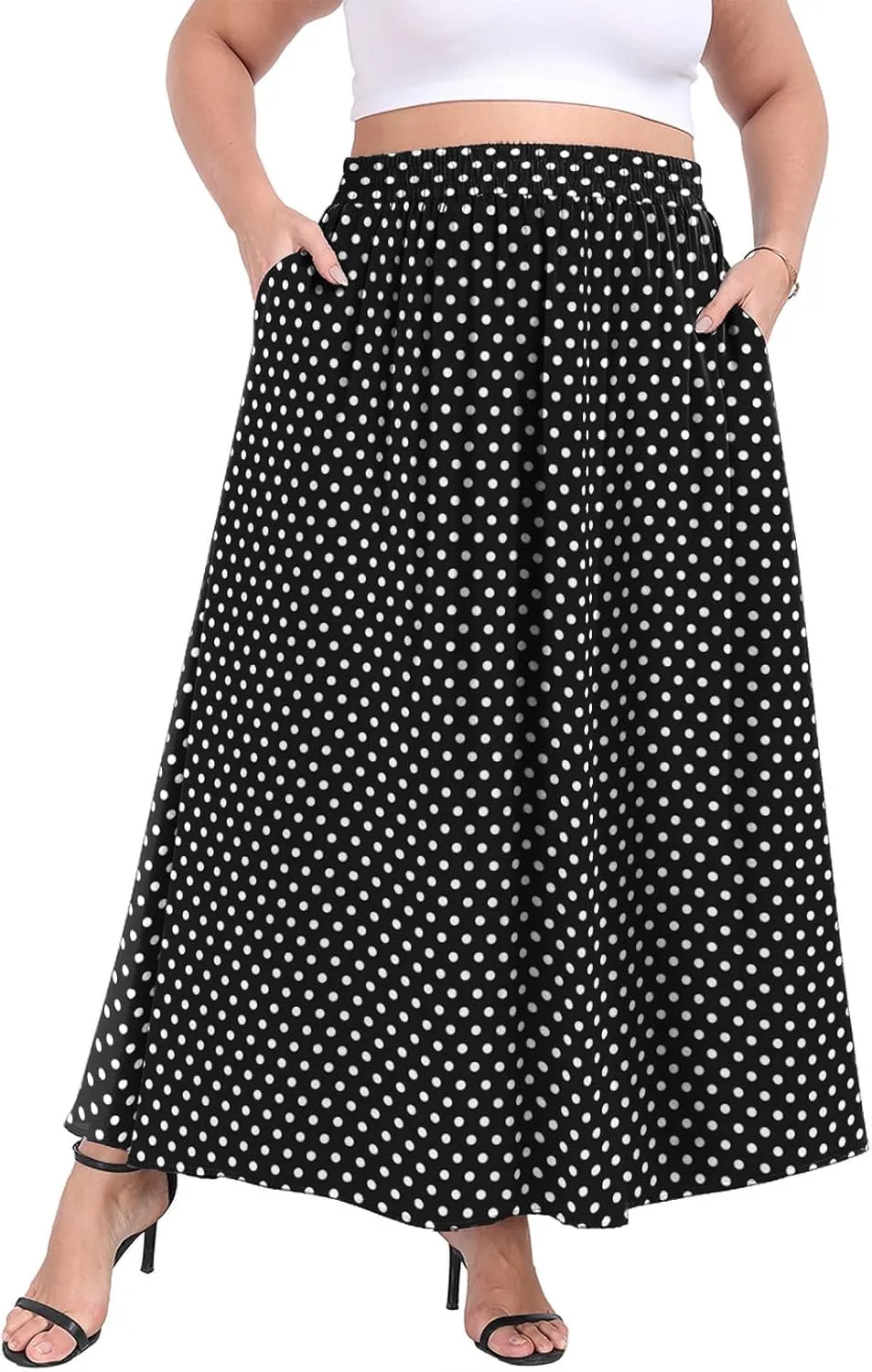 Lastshe Plus Size Maxi Skirts for Women Casual Elastic High Waisted Hide Drawstring Flowy A-line Long Skirt with Pockets