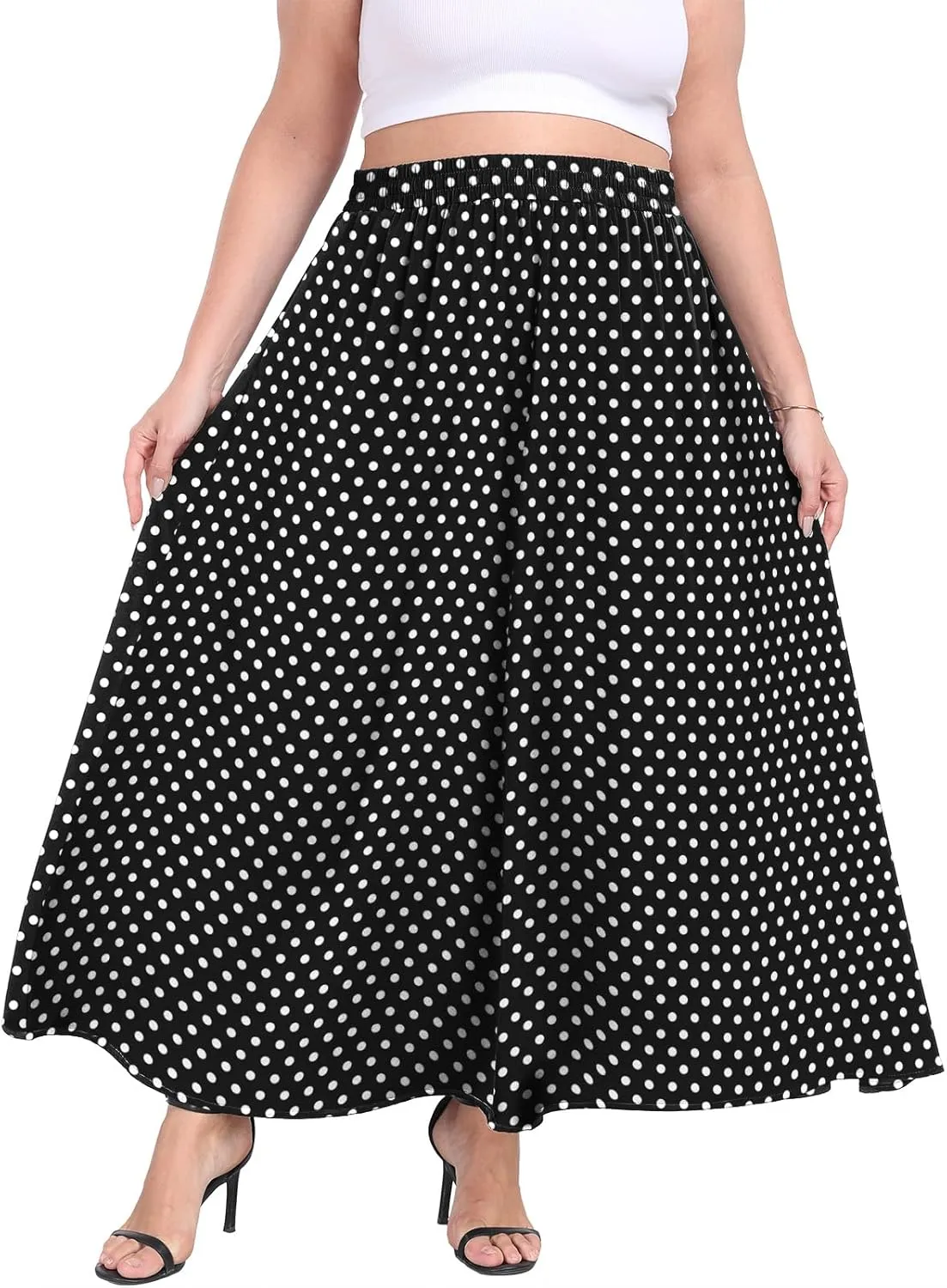 Lastshe Plus Size Maxi Skirts for Women Casual Elastic High Waisted Hide Drawstring Flowy A-line Long Skirt with Pockets