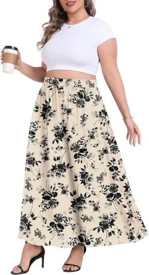 Lastshe Plus Size Maxi Skirts for Women Casual Elastic High Waisted Hide Drawstring Flowy A-line Long Skirt with Pockets