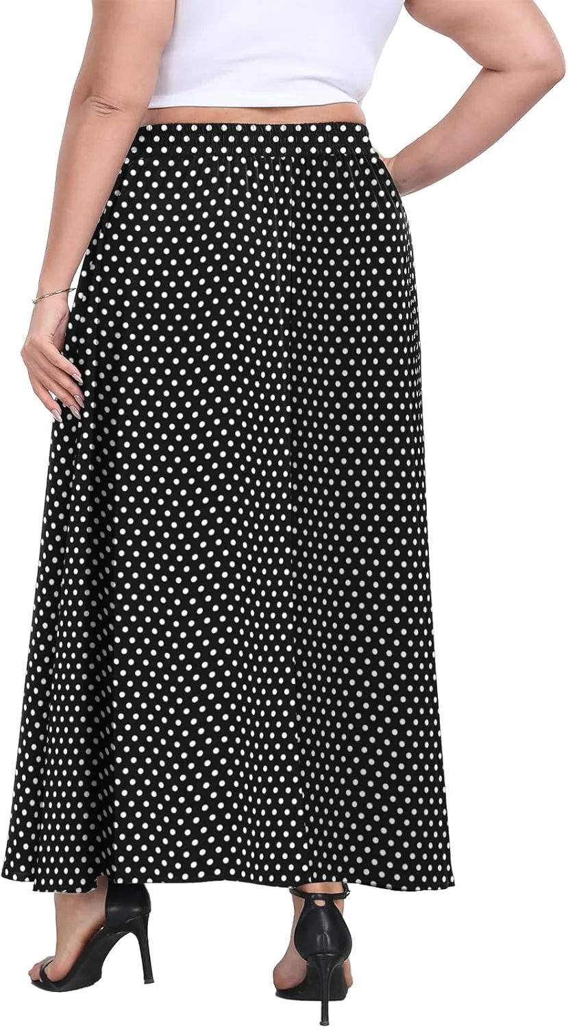 Lastshe Plus Size Maxi Skirts for Women Casual Elastic High Waisted Hide Drawstring Flowy A-line Long Skirt with Pockets