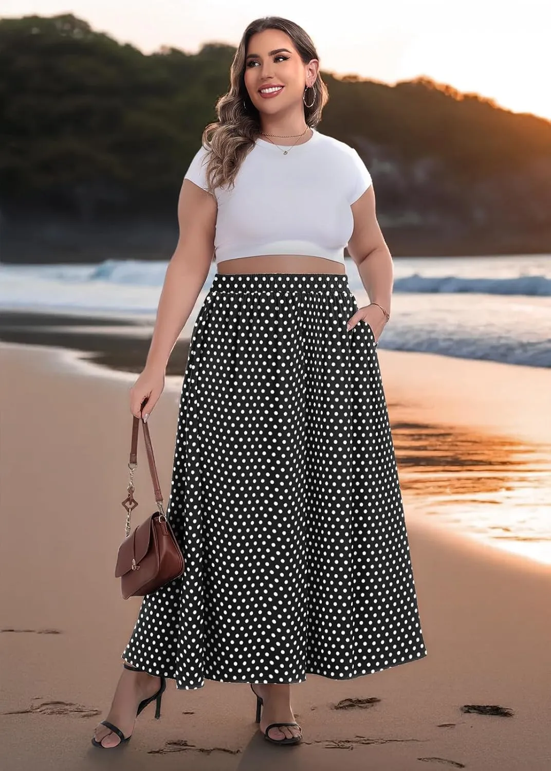 Lastshe Plus Size Maxi Skirts for Women Casual Elastic High Waisted Hide Drawstring Flowy A-line Long Skirt with Pockets