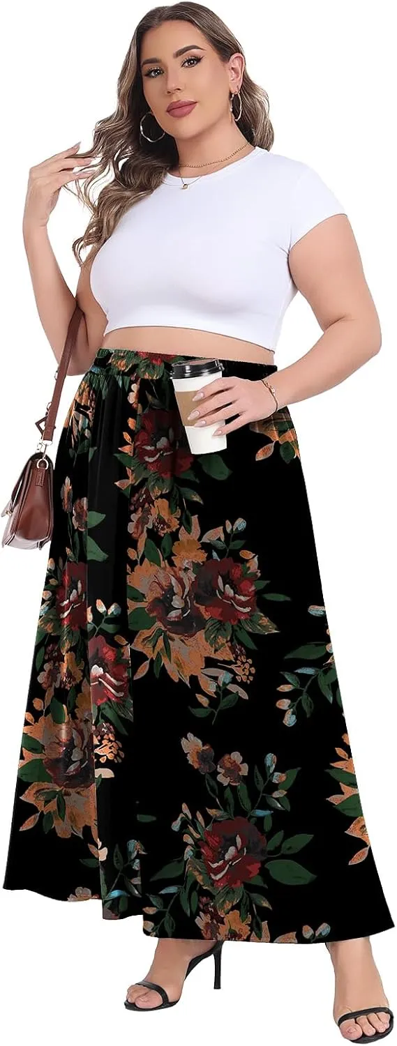 Lastshe Plus Size Maxi Skirts for Women Casual Elastic High Waisted Hide Drawstring Flowy A-line Long Skirt with Pockets