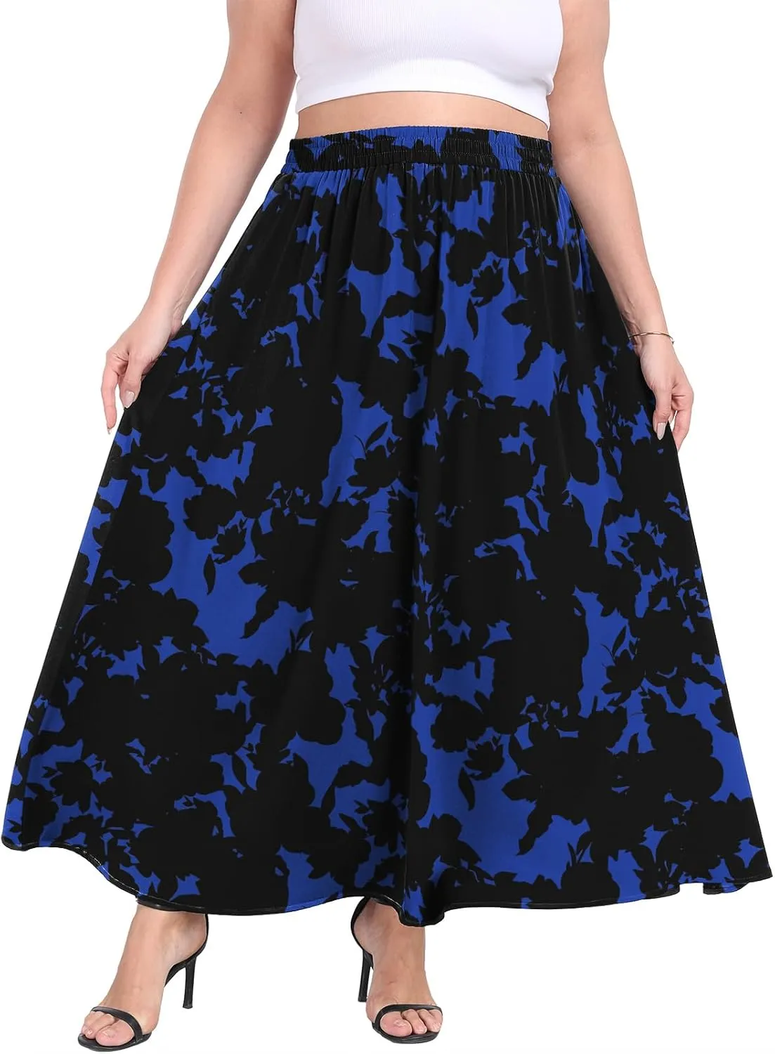 Lastshe Plus Size Maxi Skirts for Women Casual Elastic High Waisted Hide Drawstring Flowy A-line Long Skirt with Pockets