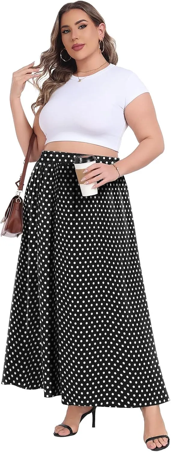 Lastshe Plus Size Maxi Skirts for Women Casual Elastic High Waisted Hide Drawstring Flowy A-line Long Skirt with Pockets