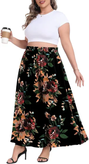 Lastshe Plus Size Maxi Skirts for Women Casual Elastic High Waisted Hide Drawstring Flowy A-line Long Skirt with Pockets