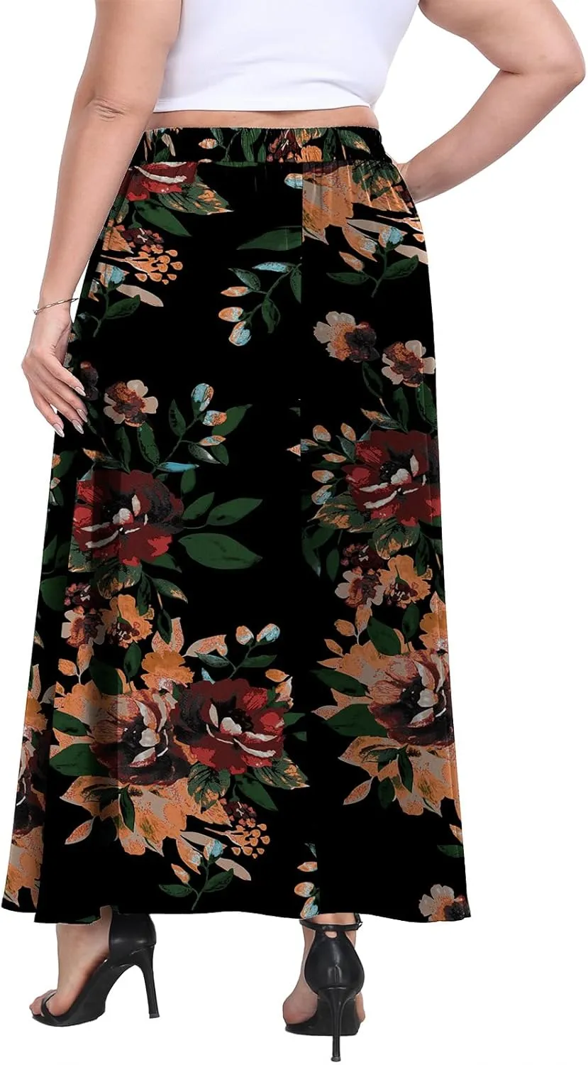 Lastshe Plus Size Maxi Skirts for Women Casual Elastic High Waisted Hide Drawstring Flowy A-line Long Skirt with Pockets