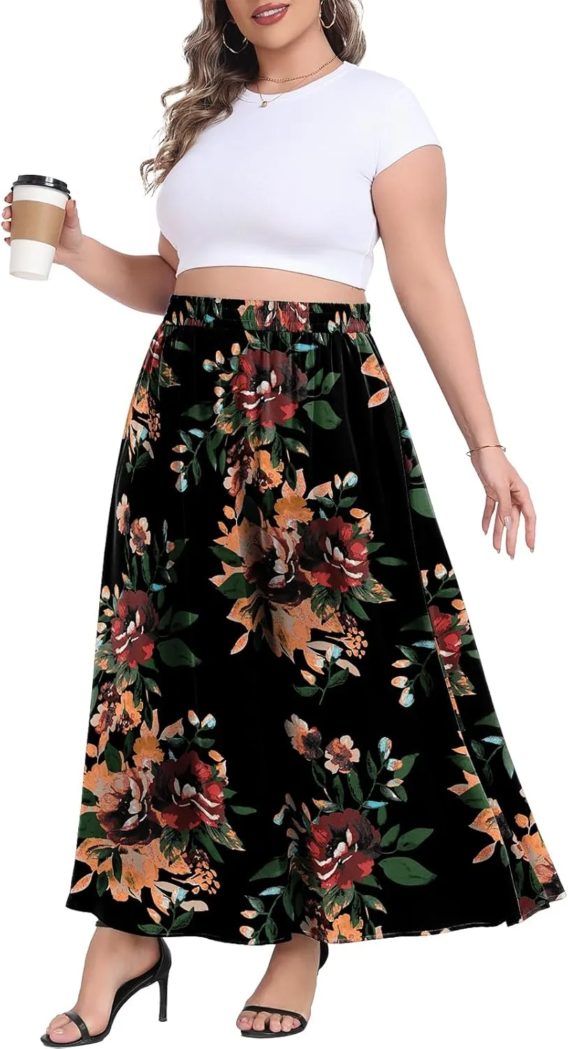 Lastshe Plus Size Maxi Skirts for Women Casual Elastic High Waisted Hide Drawstring Flowy A-line Long Skirt with Pockets