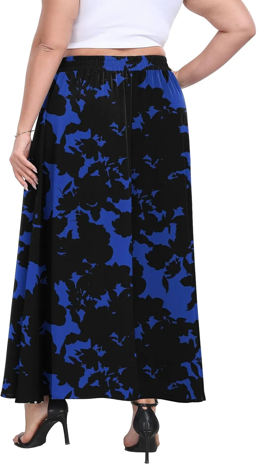 Lastshe Plus Size Maxi Skirts for Women Casual Elastic High Waisted Hide Drawstring Flowy A-line Long Skirt with Pockets