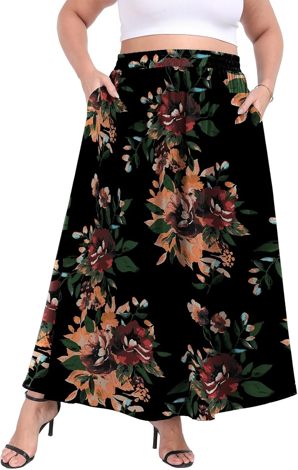 Lastshe Plus Size Maxi Skirts for Women Casual Elastic High Waisted Hide Drawstring Flowy A-line Long Skirt with Pockets