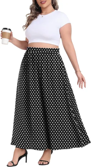 Lastshe Plus Size Maxi Skirts for Women Casual Elastic High Waisted Hide Drawstring Flowy A-line Long Skirt with Pockets