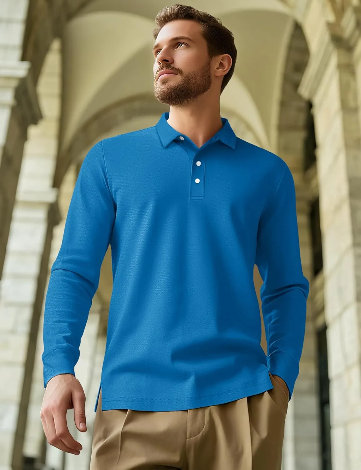 MAGCOMSEN Men's Polo Shirt Long Sleeve Golf Shirts Quick Dry Lightweight 3-Button Performance Work Fishing Athletic