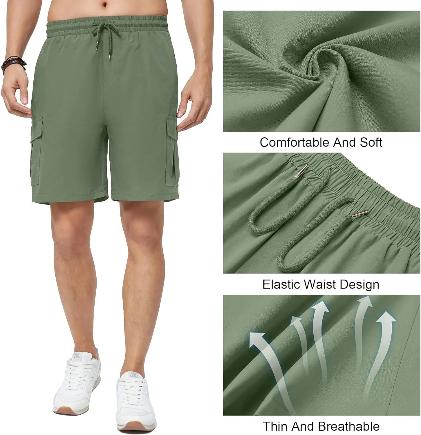 Men's Cargo Shorts Casual Elastic Waist Drawstring Lightweight Cotton Shorts with 5 Pockets for Athletic Camping