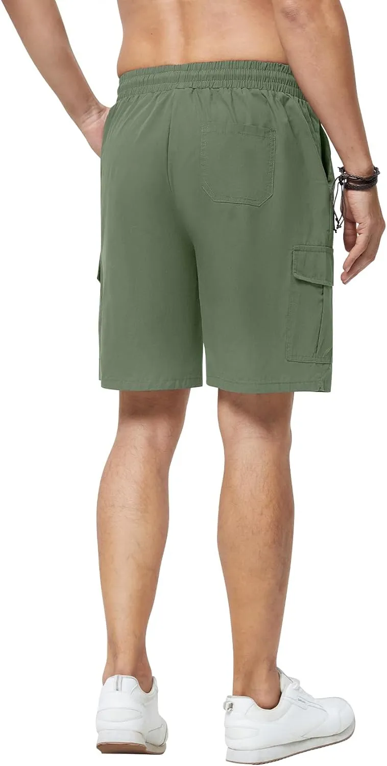 Men's Cargo Shorts Casual Elastic Waist Drawstring Lightweight Cotton Shorts with 5 Pockets for Athletic Camping