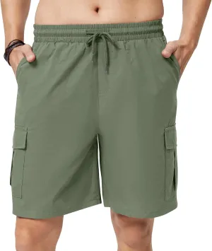 Men's Cargo Shorts Casual Elastic Waist Drawstring Lightweight Cotton Shorts with 5 Pockets for Athletic Camping