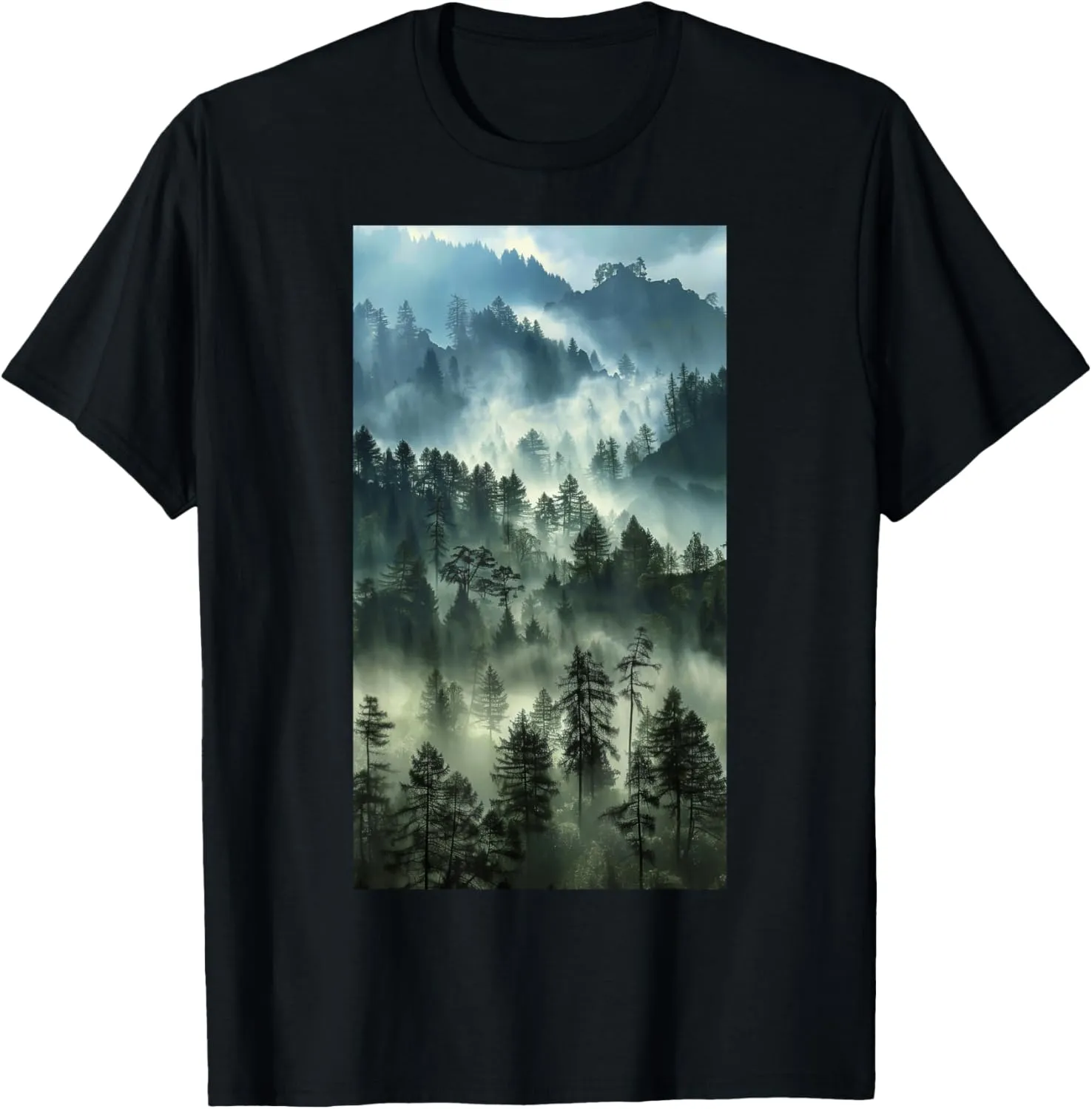Misty Mountain Scene Forest Mist Nature Trees Fog T-Shirt