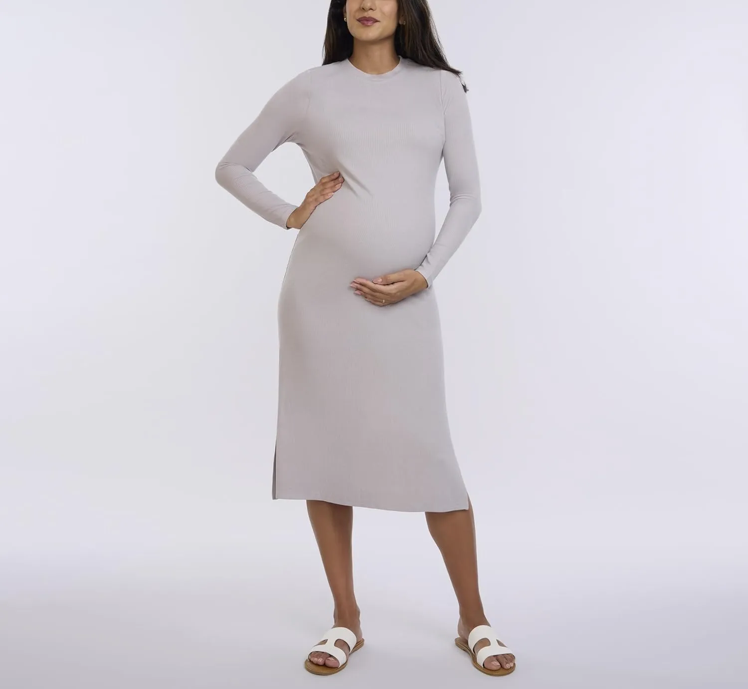 Motherhood Maternity Women's Long Sleeve Rib Knit Column Midi Pregnancy Bodycon Dress