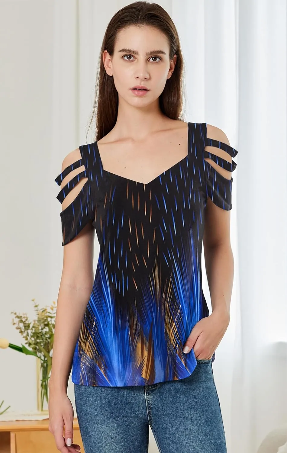 SAUKOLE Summer Women Cold Shoulder Tops Casual Loose Hollow Out Short Sleeve T Shirt Sexy V Neck Tops Blouses