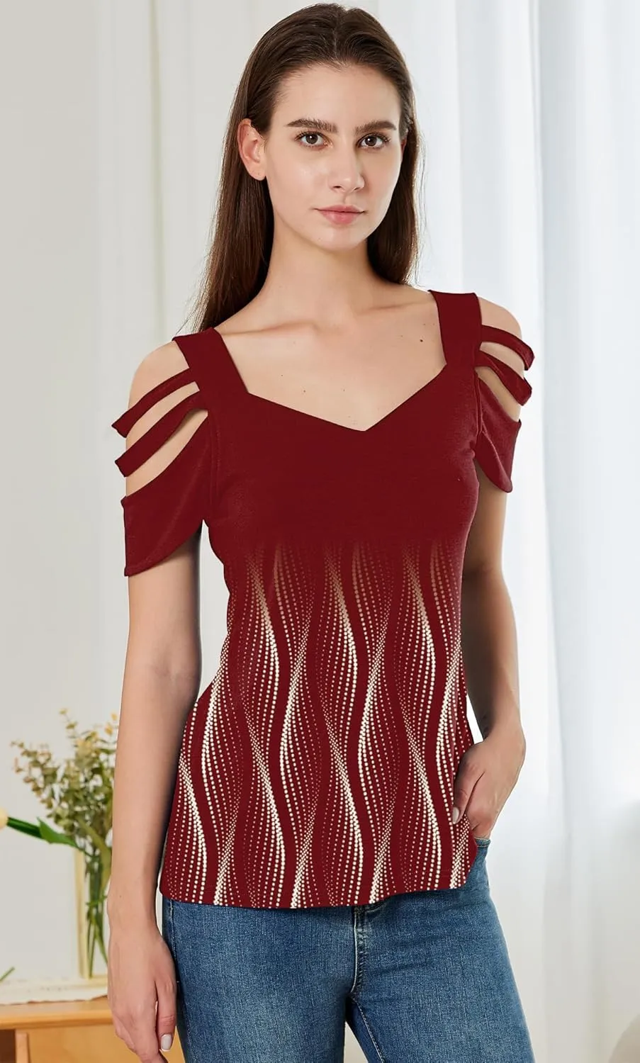 SAUKOLE Summer Women Cold Shoulder Tops Casual Loose Hollow Out Short Sleeve T Shirt Sexy V Neck Tops Blouses
