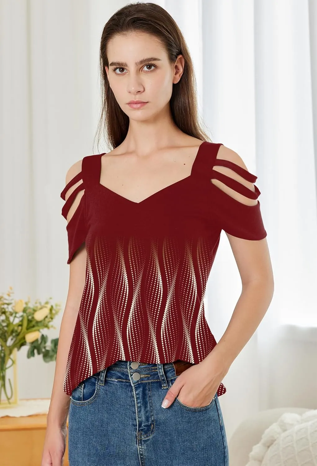 SAUKOLE Summer Women Cold Shoulder Tops Casual Loose Hollow Out Short Sleeve T Shirt Sexy V Neck Tops Blouses