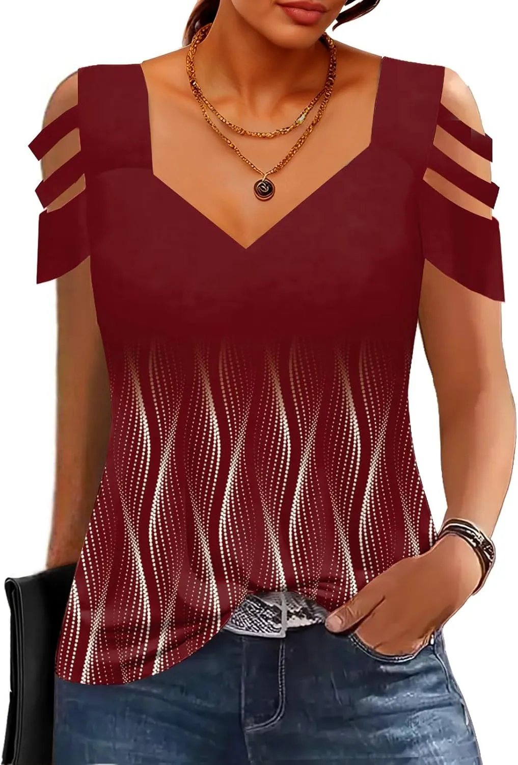 SAUKOLE Summer Women Cold Shoulder Tops Casual Loose Hollow Out Short Sleeve T Shirt Sexy V Neck Tops Blouses