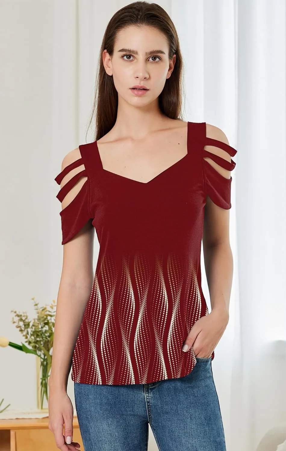 SAUKOLE Summer Women Cold Shoulder Tops Casual Loose Hollow Out Short Sleeve T Shirt Sexy V Neck Tops Blouses