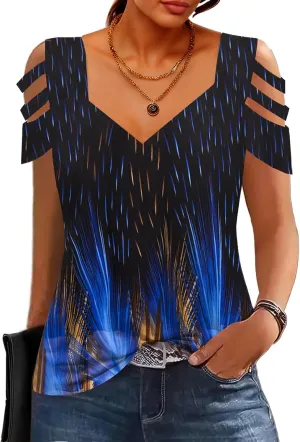 SAUKOLE Summer Women Cold Shoulder Tops Casual Loose Hollow Out Short Sleeve T Shirt Sexy V Neck Tops Blouses