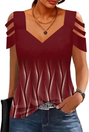 SAUKOLE Summer Women Cold Shoulder Tops Casual Loose Hollow Out Short Sleeve T Shirt Sexy V Neck Tops Blouses