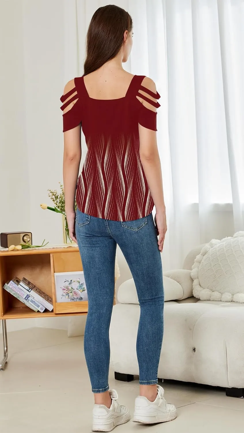SAUKOLE Summer Women Cold Shoulder Tops Casual Loose Hollow Out Short Sleeve T Shirt Sexy V Neck Tops Blouses