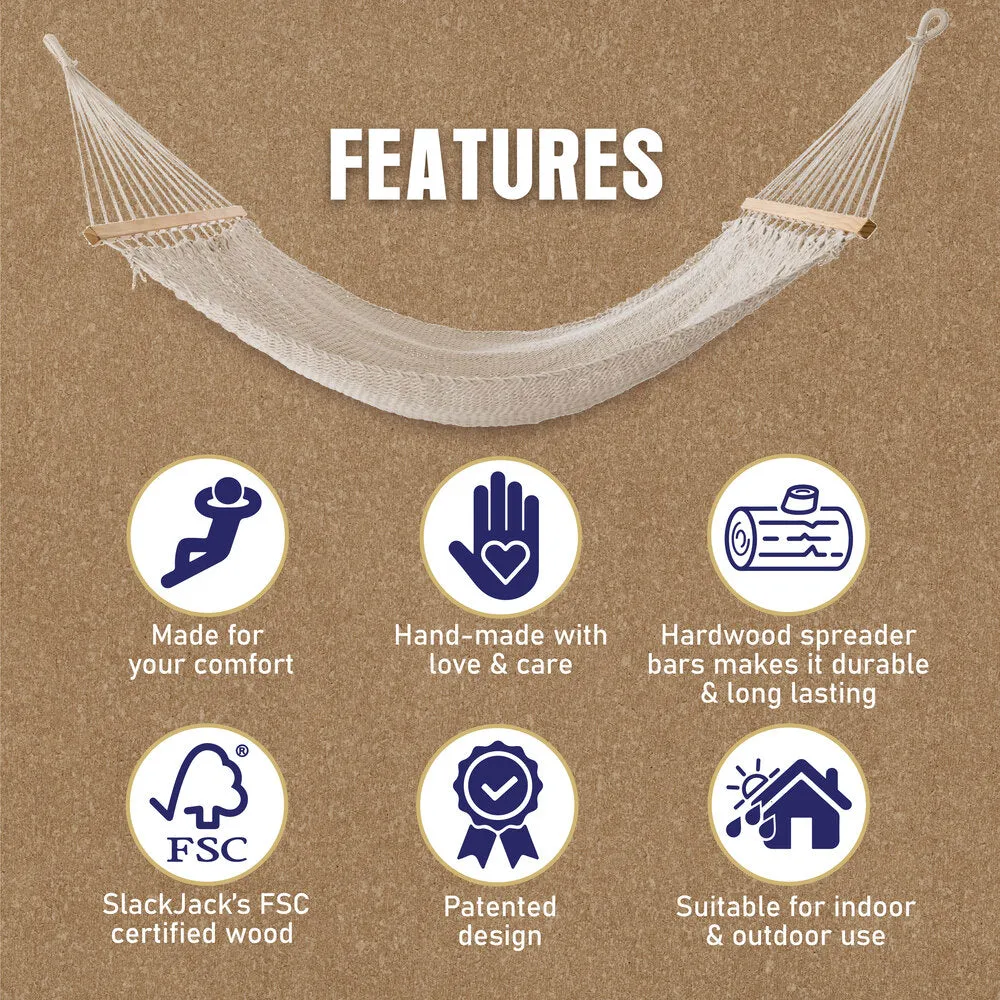 Slack Jack Closeweave Rope Hammock for 1 Person | Jhula for Adults & Kids with Hardwood Spreader Bars | Swing for Home Decor, Balcony, Patio, Garden | Includes Free Hanging Accessory (Natural)