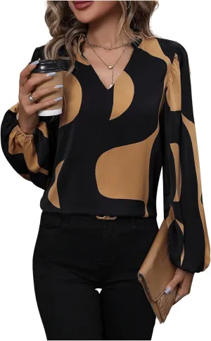 SweatyRocks Women's Dressy Casual Frill V Neck Lantern Sleeve Blouses Pullover Tops