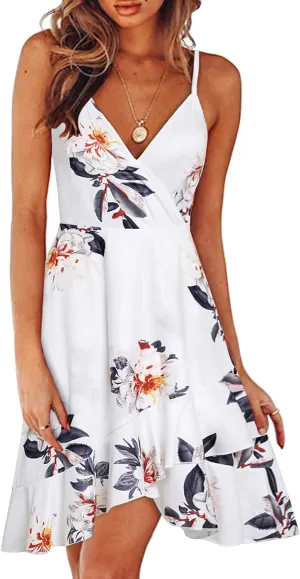 ULTRANICE Womens Summer Dresses Floral V Neck Ruffled Hem Spaghetti Spring Casual Beach Outfits Flowy Wrap Sun Dress