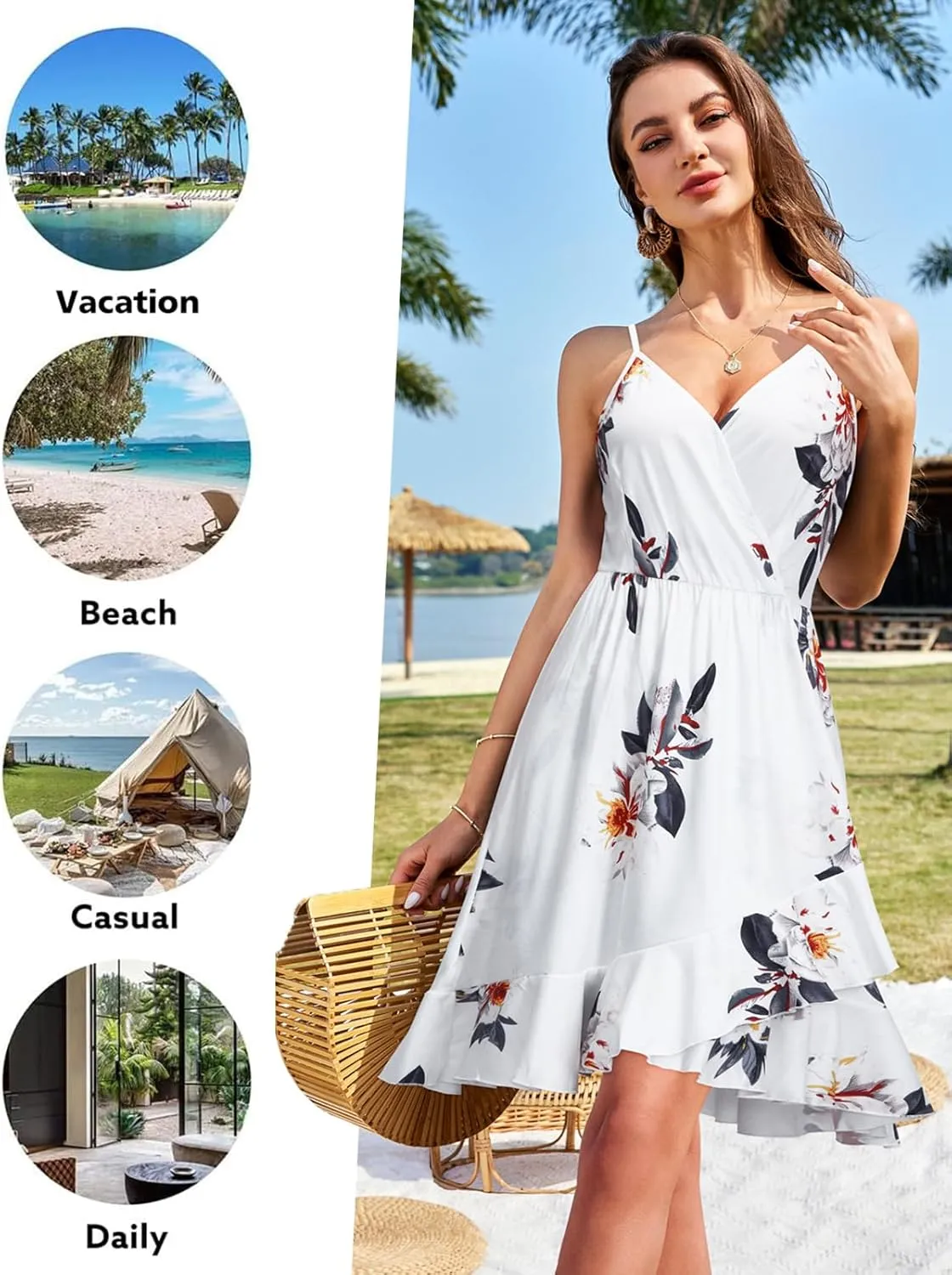 ULTRANICE Womens Summer Dresses Floral V Neck Ruffled Hem Spaghetti Spring Casual Beach Outfits Flowy Wrap Sun Dress