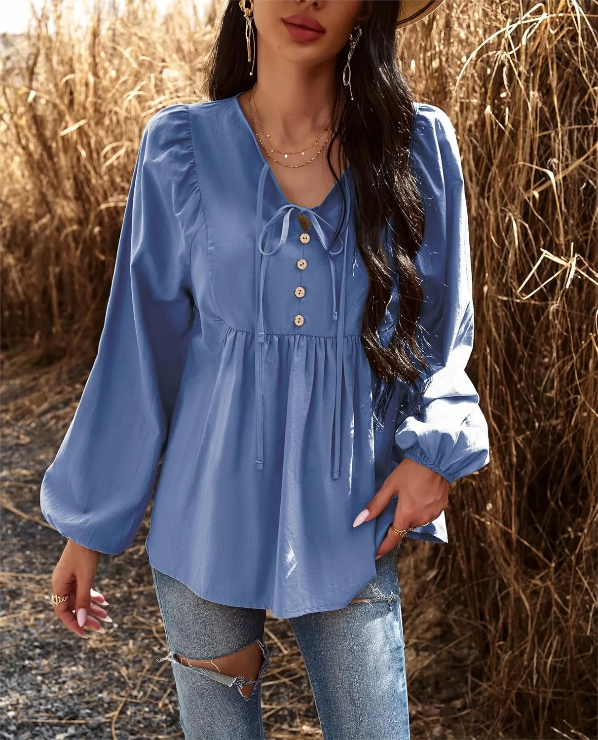 VintageClothing Womens Tunic Blouse Tie V Neck Casual Lantern Sleeve Loose Babydoll Shirt Peplum Tops