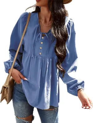 VintageClothing Womens Tunic Blouse Tie V Neck Casual Lantern Sleeve Loose Babydoll Shirt Peplum Tops