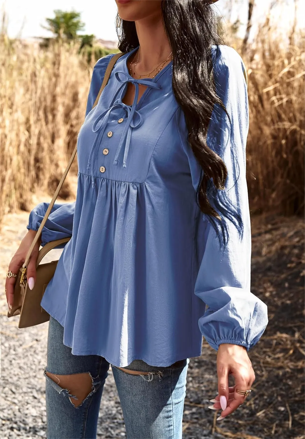 VintageClothing Womens Tunic Blouse Tie V Neck Casual Lantern Sleeve Loose Babydoll Shirt Peplum Tops