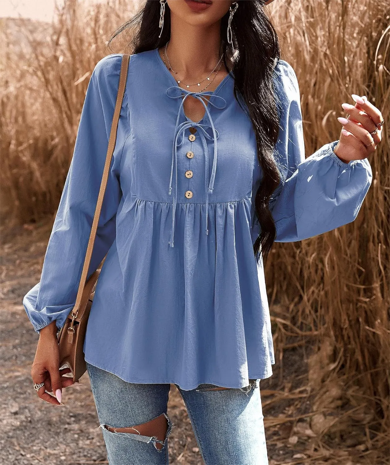 VintageClothing Womens Tunic Blouse Tie V Neck Casual Lantern Sleeve Loose Babydoll Shirt Peplum Tops