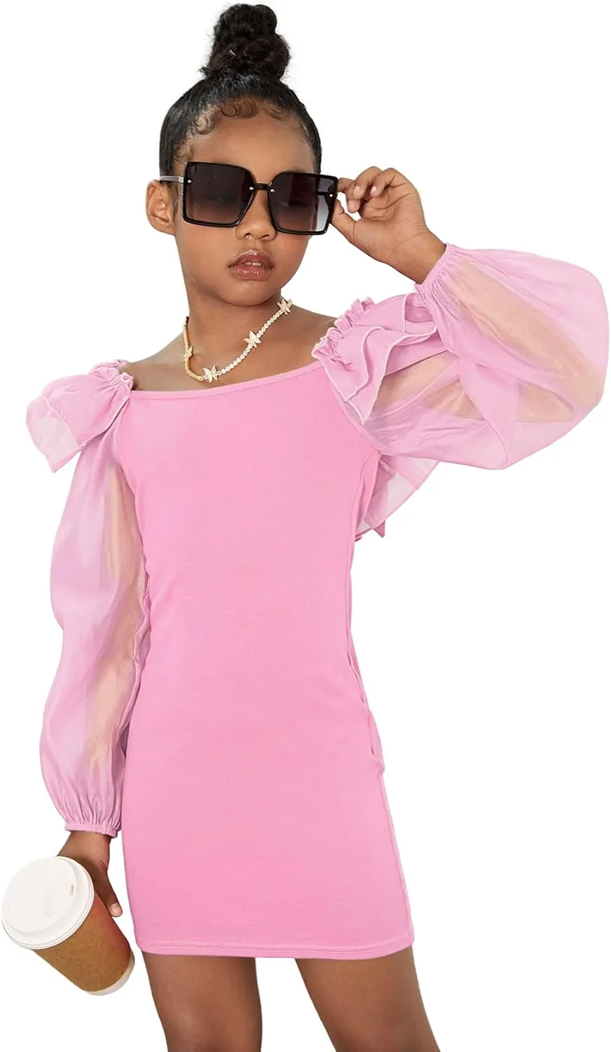WDIRARA Girl's Mesh Ruffle Trim Layered Tie Back Lantern Sleeve Pencil Mini Dress
