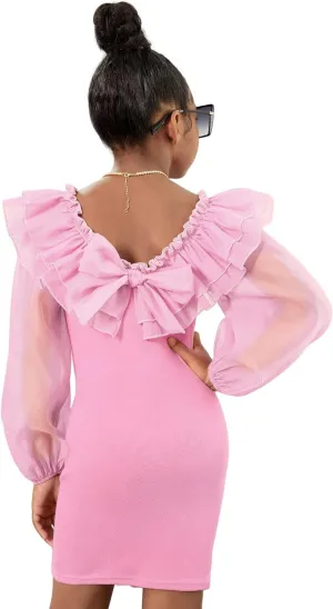WDIRARA Girl's Mesh Ruffle Trim Layered Tie Back Lantern Sleeve Pencil Mini Dress