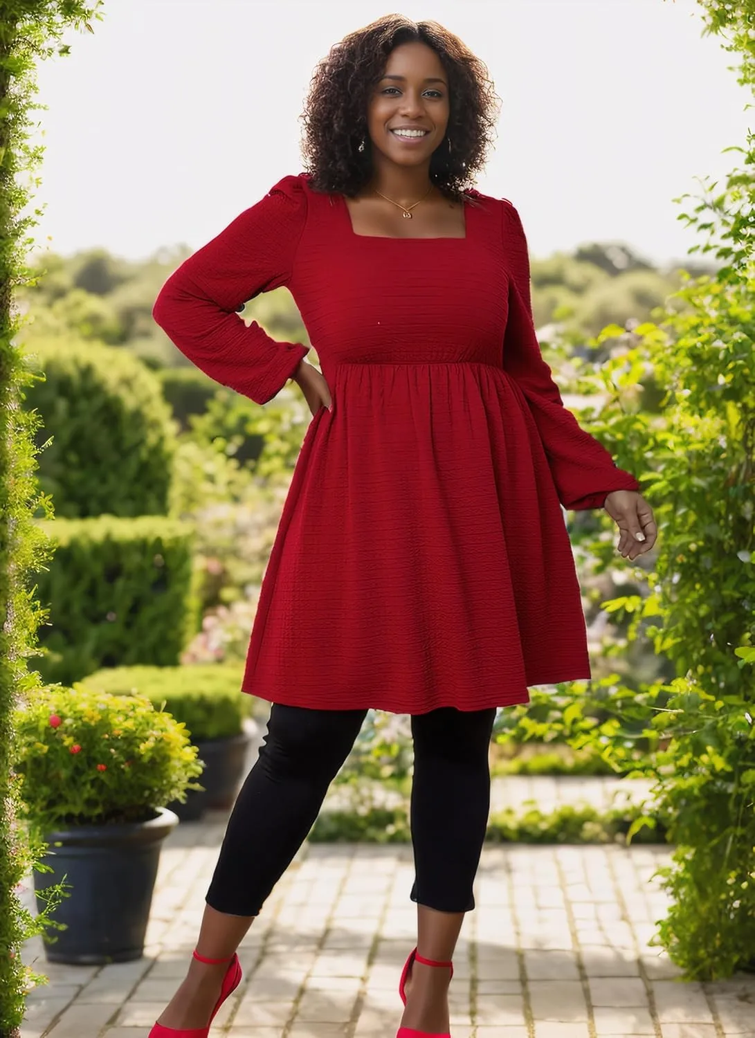 Womens Babydoll Dresses Square Neck Long Sleeve Knee Length Flowy Swing Shirring Mini Dresses Fall Dress