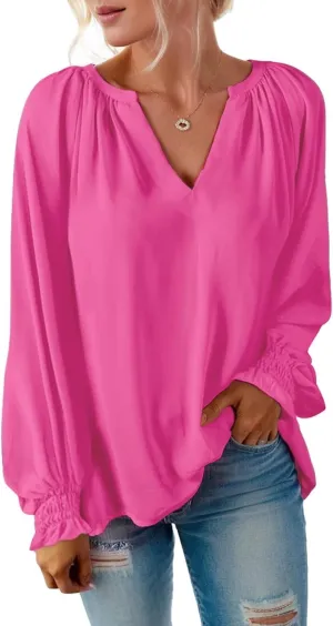 Womens Blouses Dressy Casual Fashion Smocked Long Lantern Sleeve V Neck Chiffon Shirts Tops Fall Outfits Clothes