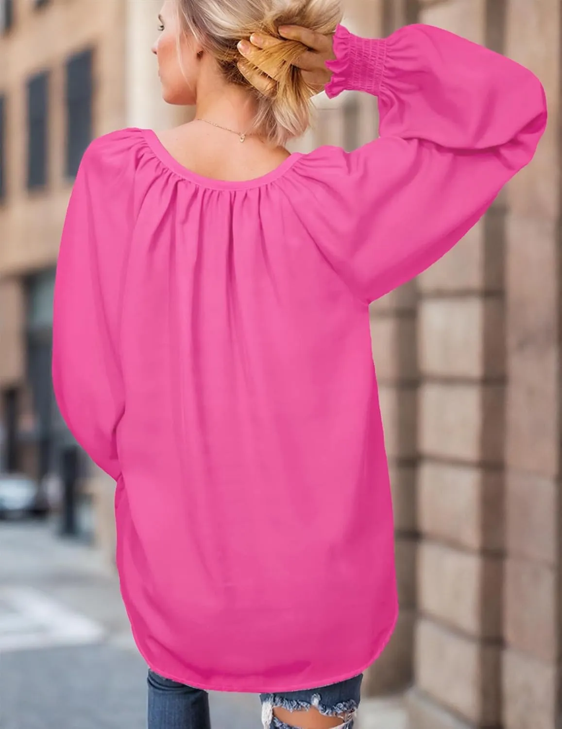 Womens Blouses Dressy Casual Fashion Smocked Long Lantern Sleeve V Neck Chiffon Shirts Tops Fall Outfits Clothes