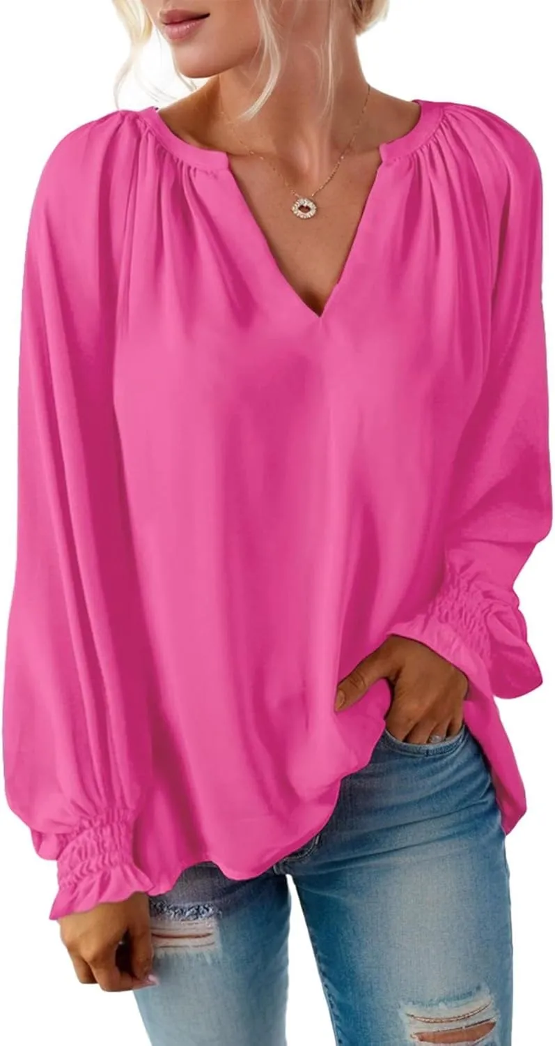 Womens Blouses Dressy Casual Fashion Smocked Long Lantern Sleeve V Neck Chiffon Shirts Tops Fall Outfits Clothes