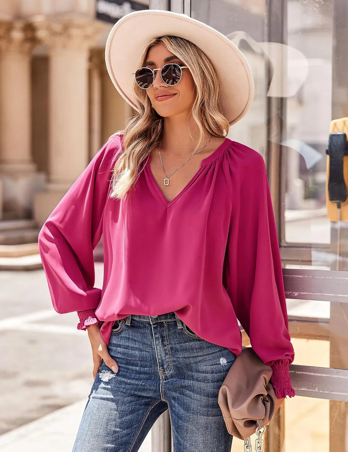 Womens Blouses Dressy Casual Fashion Smocked Long Lantern Sleeve V Neck Chiffon Shirts Tops Fall Outfits Clothes