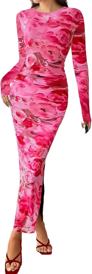 Women's Long Sleeve Maxi Dress Fall Fashion Floral Bodycon Mesh Ruched Long Dress Party Cocktail Wedding Guest Formal Dresses