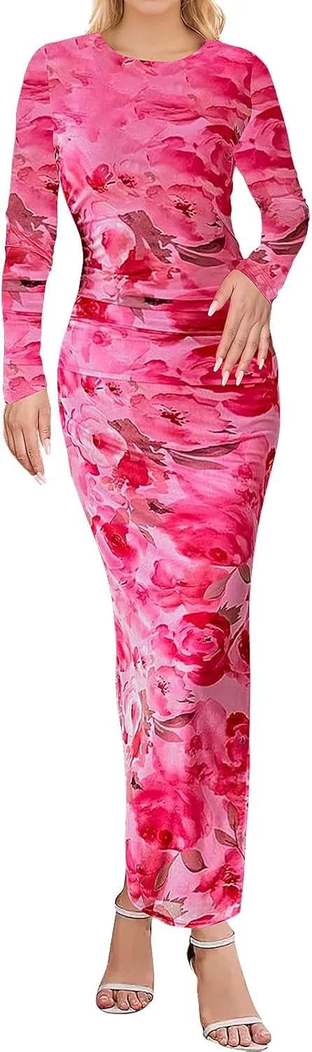 Women's Long Sleeve Maxi Dress Fall Fashion Floral Bodycon Mesh Ruched Long Dress Party Cocktail Wedding Guest Formal Dresses