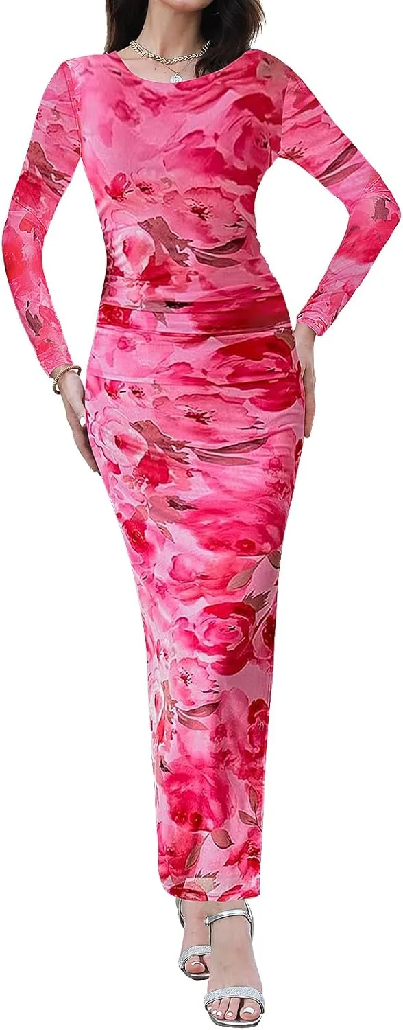 Women's Long Sleeve Maxi Dress Fall Fashion Floral Bodycon Mesh Ruched Long Dress Party Cocktail Wedding Guest Formal Dresses
