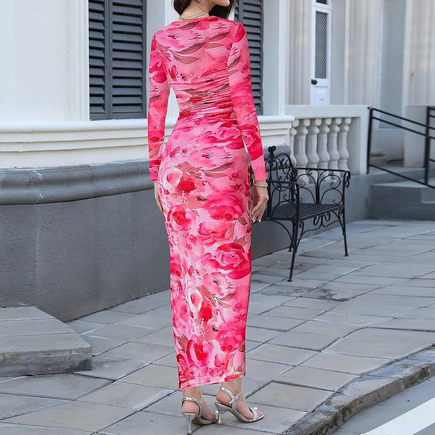 Women's Long Sleeve Maxi Dress Fall Fashion Floral Bodycon Mesh Ruched Long Dress Party Cocktail Wedding Guest Formal Dresses